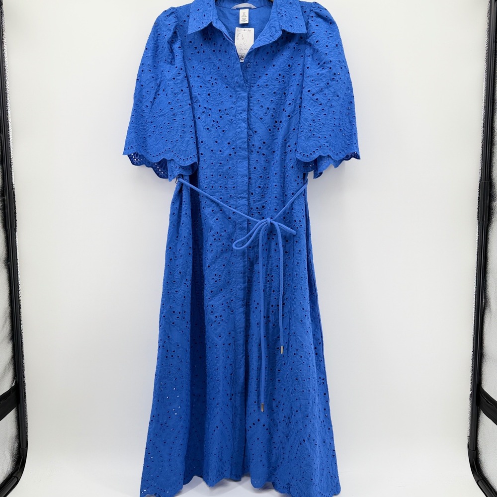 H&M Blue Eyelet Embroidery Midi Shirt Dress Women Small Short Sleeve Belted NEW
